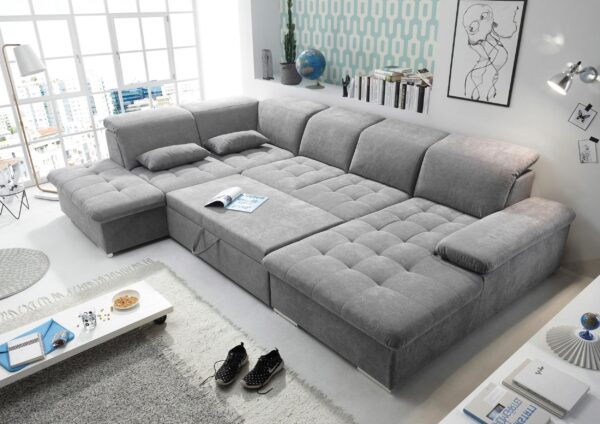 Canapé panoramique convertible DESIGN Espace de vie Wayne avec réglages d’appuie-tête en tissu gris foncé – Image 4