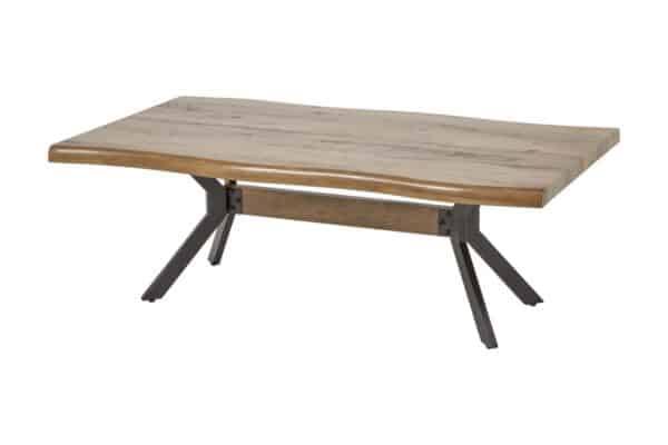 Table Basse Industrielle – Plateau en Bois Verni et Base Métal Noir (L120 cm)