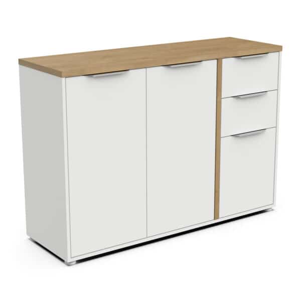 Buffet Access – 3 Portes, 2 Tiroirs – Décor Chêne Hamilton et Blanc – 121,5 x 39,6 x 85,6 cm