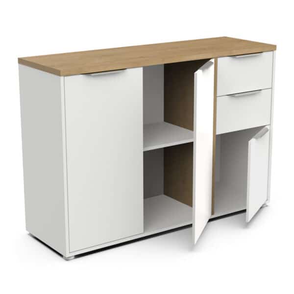 Buffet Access – 3 Portes, 2 Tiroirs – Décor Chêne Hamilton et Blanc – 121,5 x 39,6 x 85,6 cm – Image 2