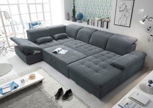 Canapé panoramique convertible DESIGN Espace de vie Wayne avec réglages d’appuie-tête en tissu gris foncé – Image 2