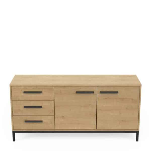 Buffet 2 Portes et 3 Tiroirs CRAFT – Chêne Hamilton et Noir Mat (L153 cm)