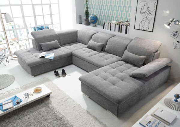 Canapé panoramique convertible DESIGN Espace de vie Wayne avec réglages d’appuie-tête en tissu gris foncé – Image 3