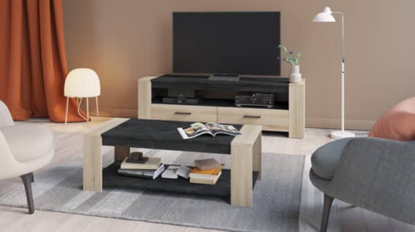 Meuble TV Sheffield – 2 Tiroirs, 1 Niche – Naturel Clair – L 152,3 x P 44,9 x H 46,4 cm – Image 2