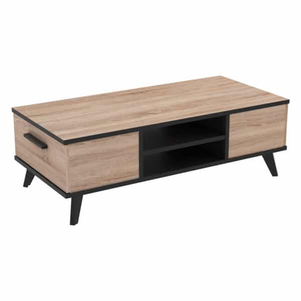 Table Basse WAYNE – Imitation Chêne et Noir, 2 Tiroirs, 2 Niches (L106,6 cm)