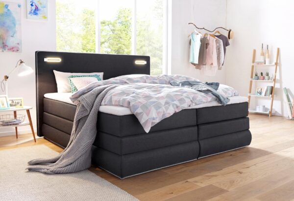 Lit coffre "Ninoni" avec Sommier Tapissier et matelas et Surmatelas avec Éclairage LED en tissu anthracite