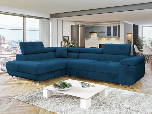 Canapé d’angle convertible Francisco en velours Bleu – Confort et design moderne pour votre intérieur