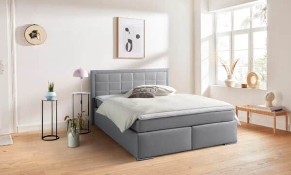 Lit « Athena » avec matelas et sur matelas en tissu gris