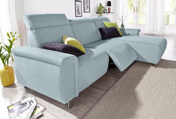 Canapé d’angle Township avec 2 Fauteuils relax électrique avec têtière réglable en tissu bleu