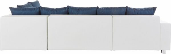 canapé panoramique convertible et réversible Paris COLLECTION AB avec noyau à ressorts ,et coffre de lit en simili blanc et tissu bleu – Image 4