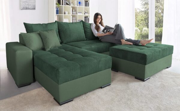 Canapé d’angle convertible Josy  avec noyau à ressorts en microfibre vert et velours vert