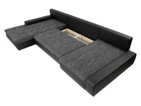 Canapé convertible panoramique CARO avec coffre de rangement  en simili noir et tissu noir/blanc – Image 5