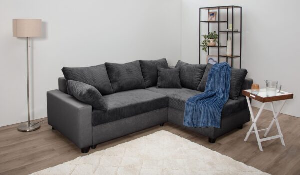 Canapé d’angle convertible Parme avec coffre de rangement en microfibre gris et velours anthracite